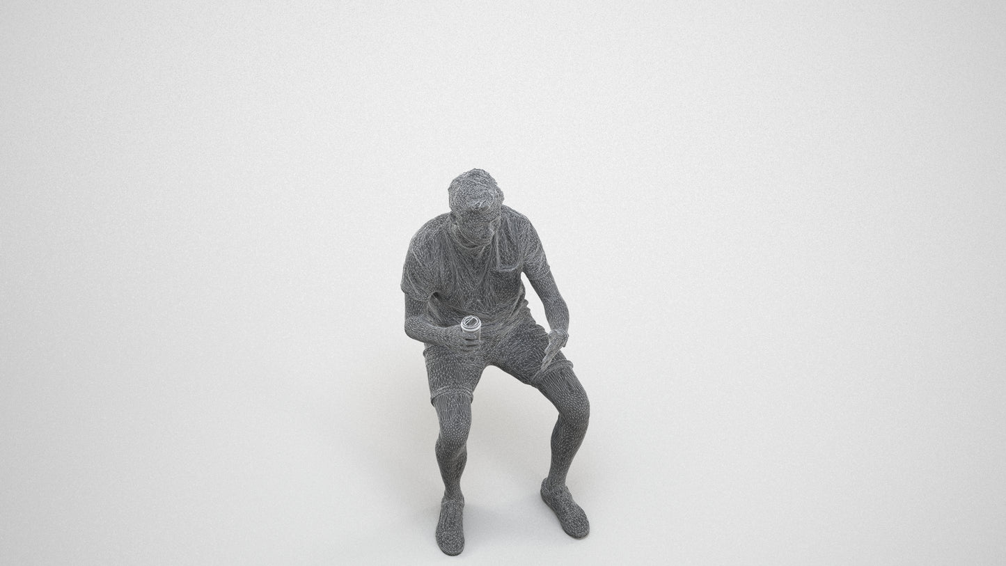 realistic 3D man casual sitting, scanned archviz people for Blender and 3ds Max, wireframe three-quarter view