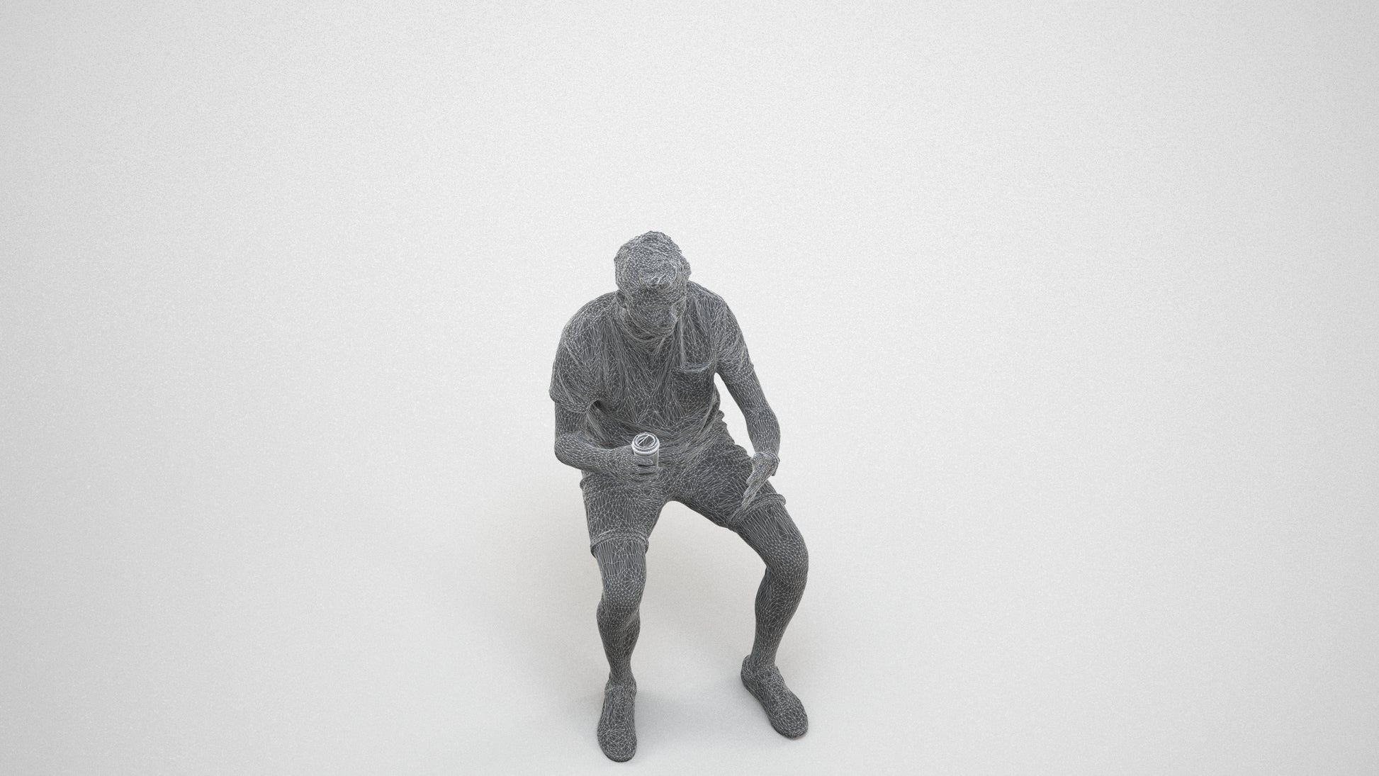 realistic 3D man casual sitting, scanned archviz people for Blender and 3ds Max, wireframe three-quarter view
