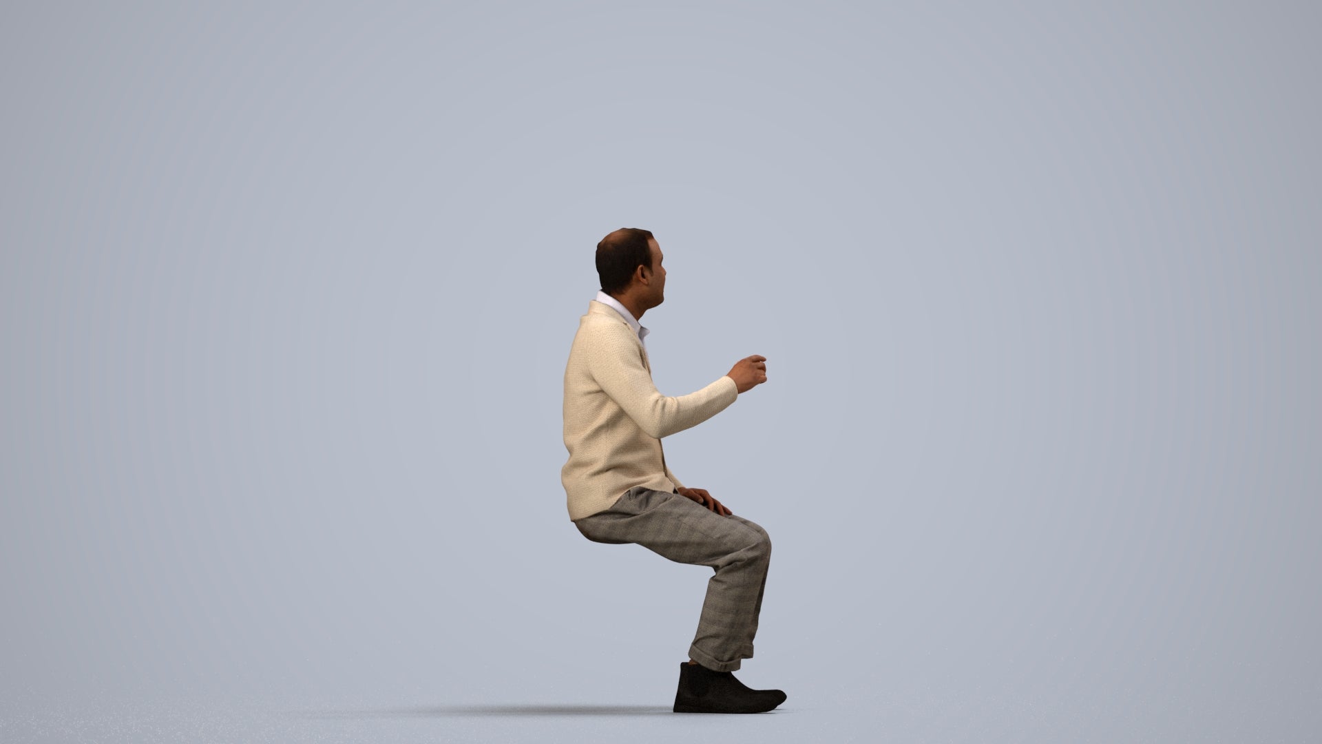 3D scanned man sitting business, photorealistic archviz people for Enscape and SketchUp, side view render