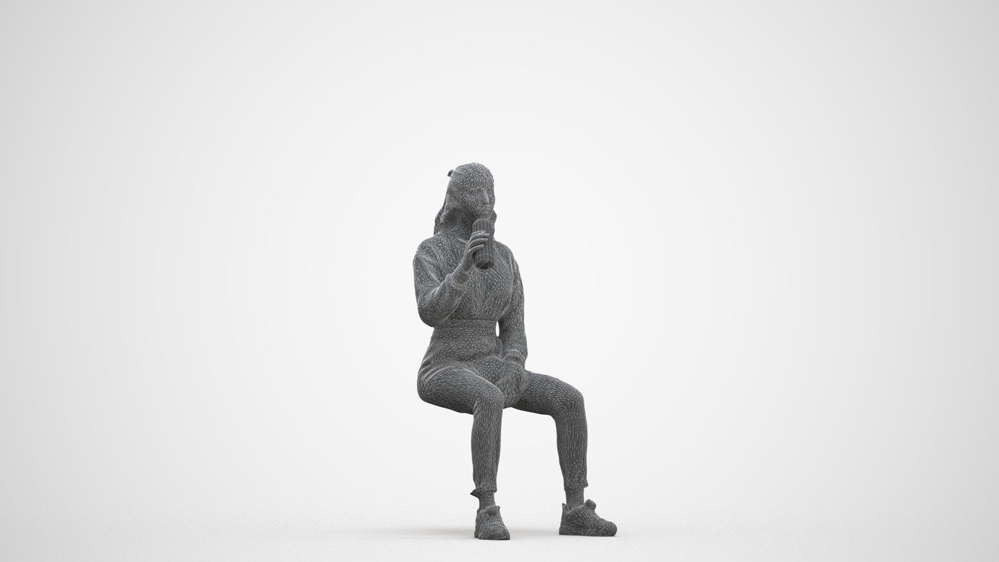 scanned 3D woman sport sitting, photogrammetry people for Enscape and V-Ray, three-quarter front view render