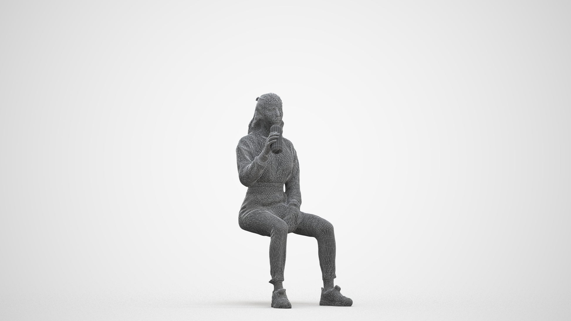 scanned 3D woman sport sitting, photogrammetry people for Enscape and V-Ray, three-quarter front view render