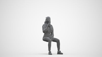 scanned 3D woman sport sitting, photogrammetry people for Enscape and V-Ray, three-quarter front view render
