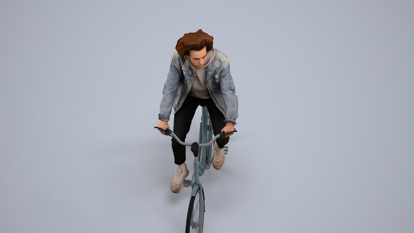 realistic 3D man casual cycling, scanned archviz people for Blender and 3ds Max, back view render