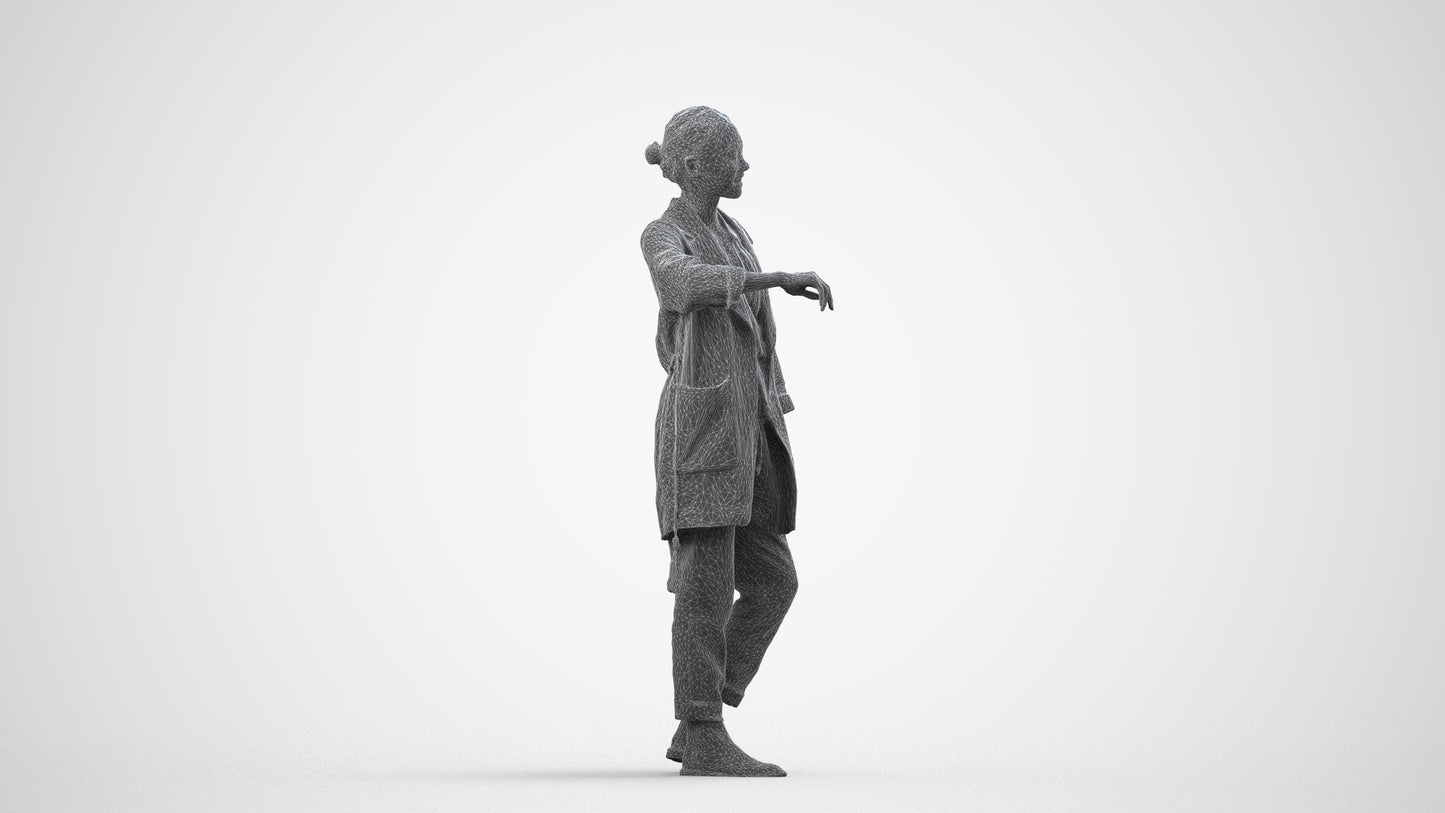 realistic 3D woman casual standing, scanned archviz people for Blender and 3ds Max, wireframe side view
