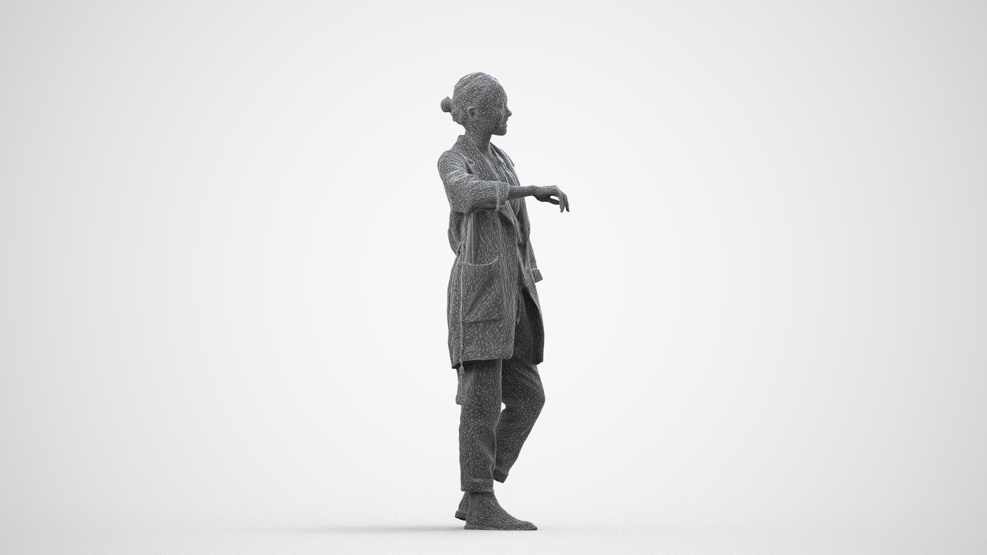 realistic 3D woman casual standing, scanned archviz people for Blender and 3ds Max, wireframe side view