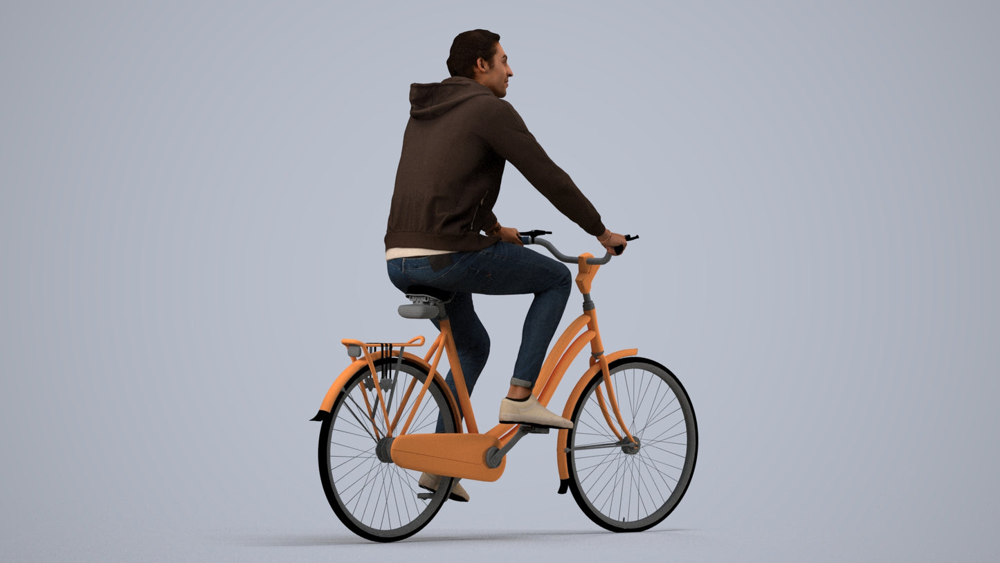 photogrammetry 3D man casual cycling, realistic human model archviz FBX, side view render
