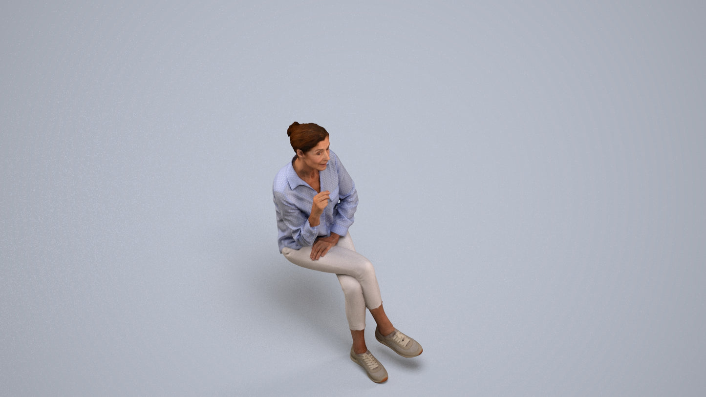realistic 3D senior woman casual sitting, scanned archviz people for Blender and 3ds Max, back view render