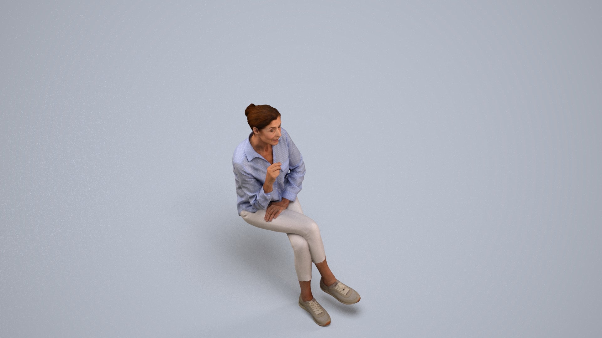 realistic 3D senior woman casual sitting, scanned archviz people for Blender and 3ds Max, back view render