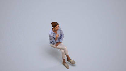 realistic 3D senior woman casual sitting, scanned archviz people for Blender and 3ds Max, back view render