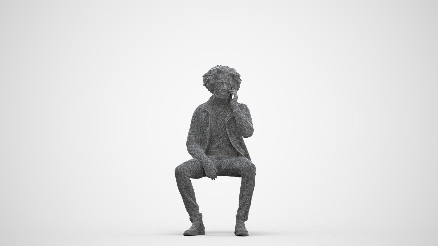 3D people model man casual sitting, scanned human for 3ds Max rendering, three-quarter front view render