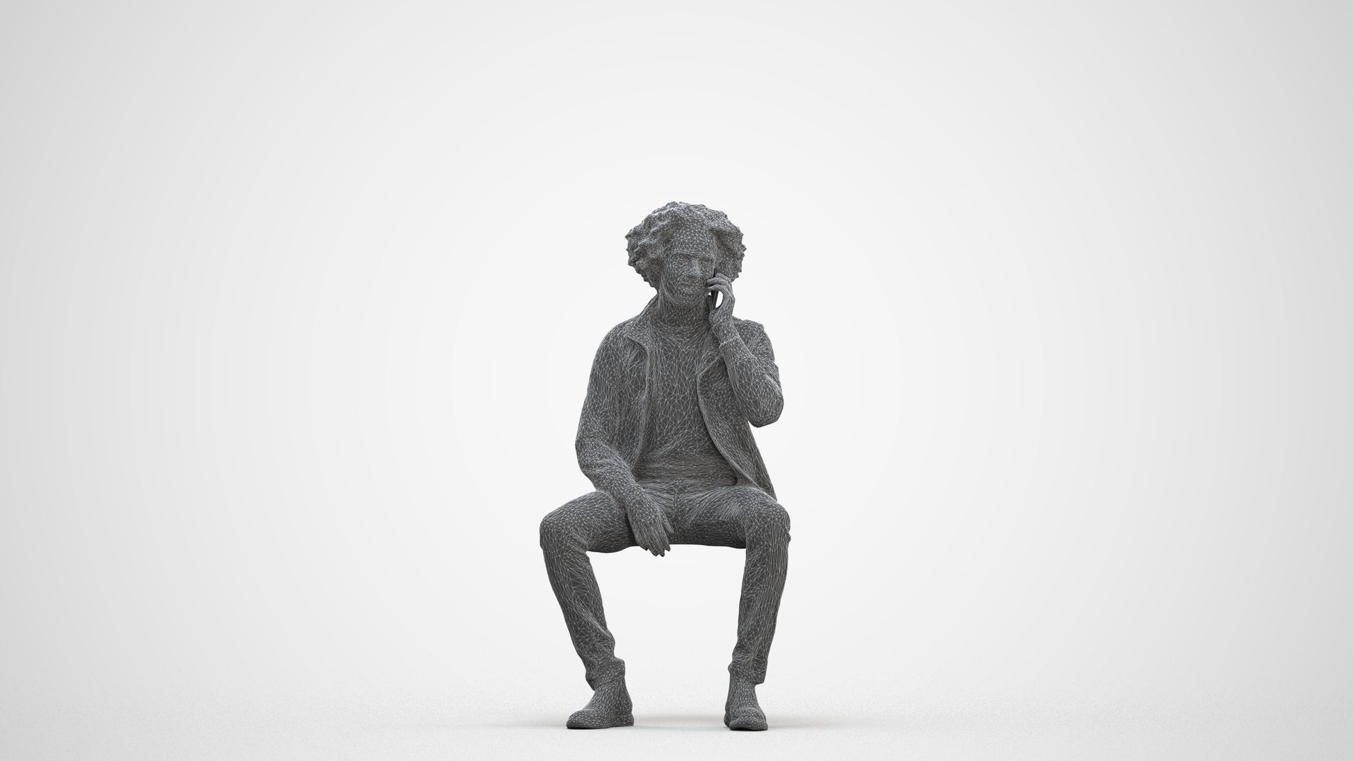 3D people model man casual sitting, scanned human for 3ds Max rendering, three-quarter front view render