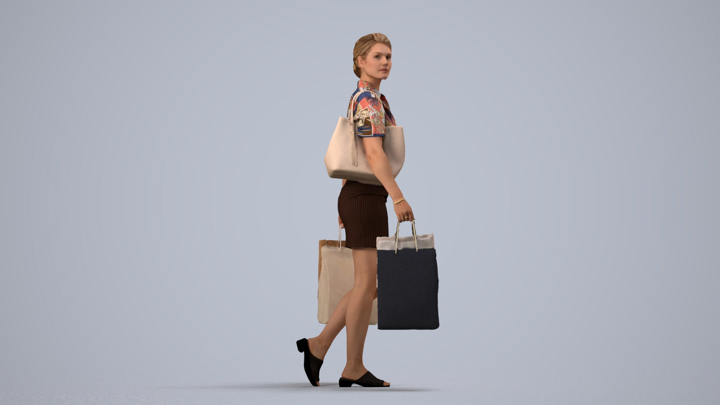 realistic 3D woman casual shopping, scanned archviz people for Blender and 3ds Max, side view render