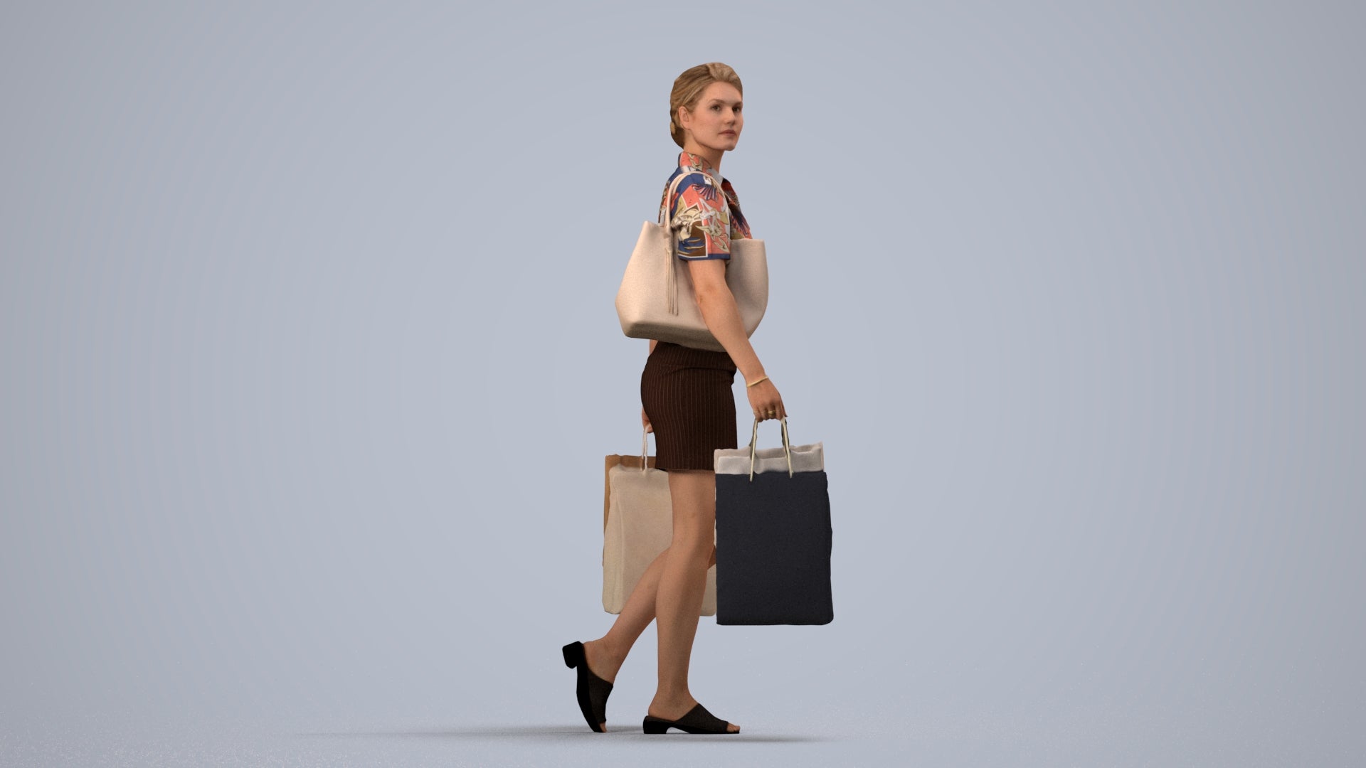 realistic 3D woman casual shopping, scanned archviz people for Blender and 3ds Max, side view render