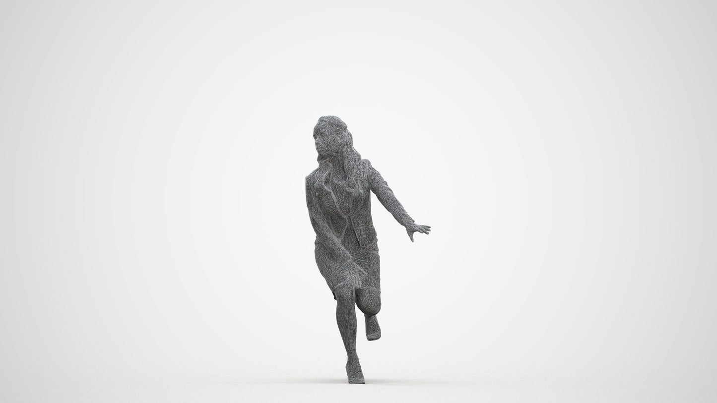 3D human model woman business sitting, photogrammetry scanned person for archviz, three-quarter front view render