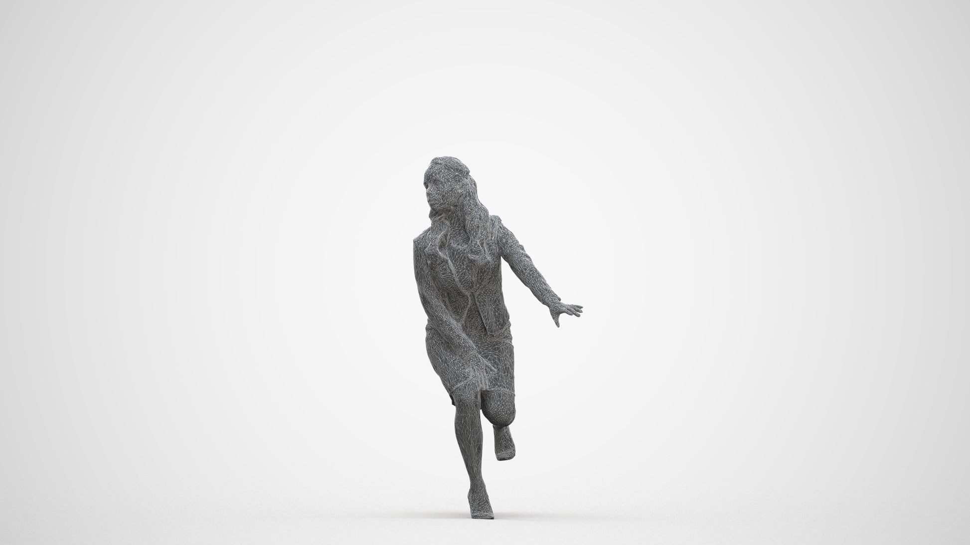 3D human model woman business sitting, photogrammetry scanned person for archviz, three-quarter front view render