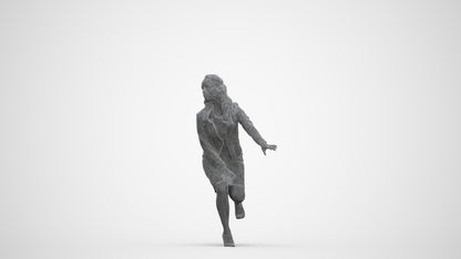 3D human model woman business sitting, photogrammetry scanned person for archviz, three-quarter front view render