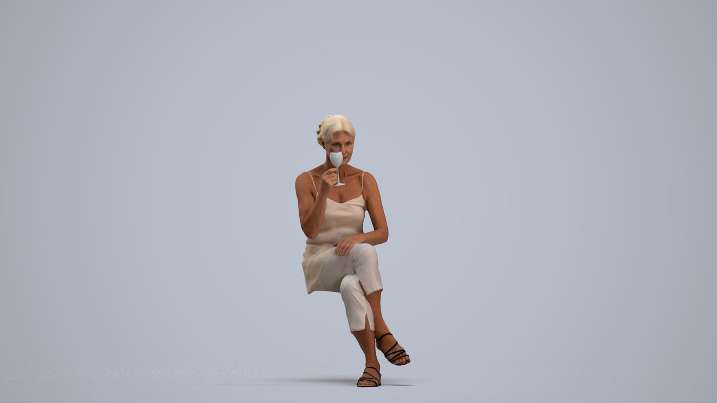 scanned 3D senior woman casual sitting, photogrammetry people for Enscape and V-Ray, standing pose render