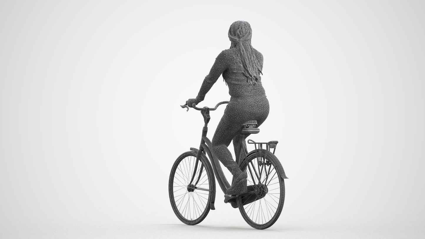 3D human model woman casual cycling, photogrammetry scanned person for archviz, wireframe front view