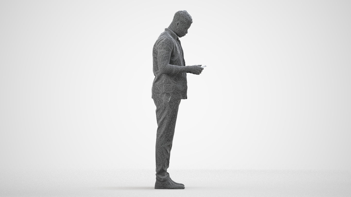 3D human model man casual standing, photogrammetry scanned person for archviz, wireframe side view