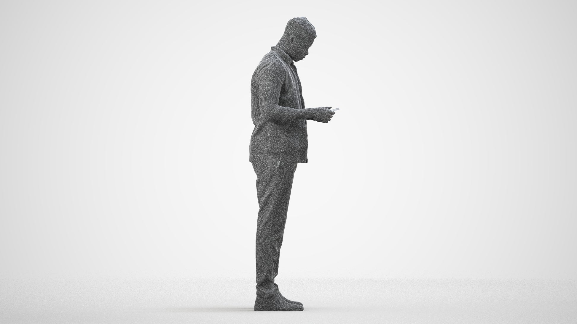 3D human model man casual standing, photogrammetry scanned person for archviz, wireframe side view