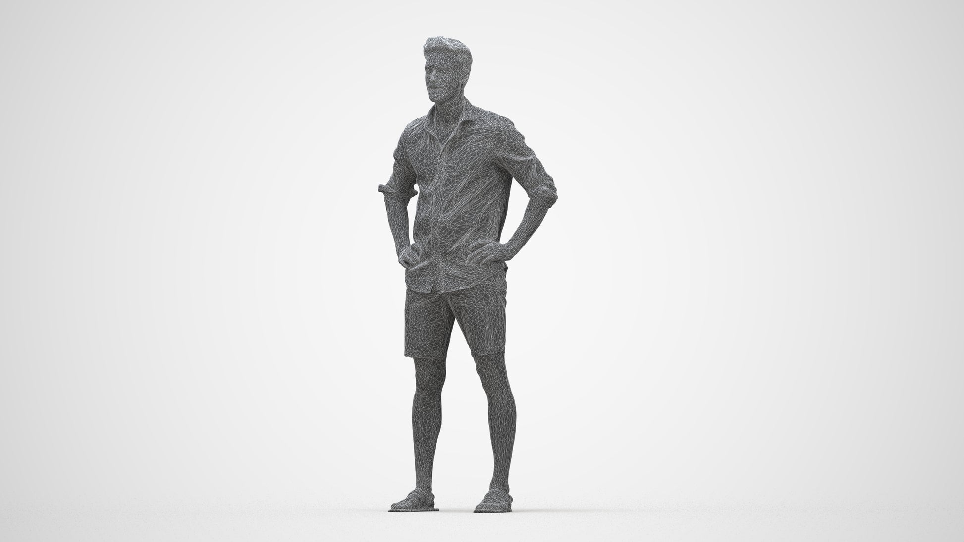 3D scanned man standing casual, photorealistic archviz people for Enscape and SketchUp, wireframe back view
