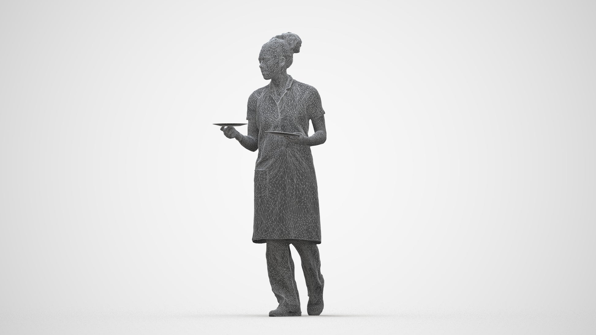 realistic 3D woman hospitality, scanned archviz people for Blender and 3ds Max, wireframe back view