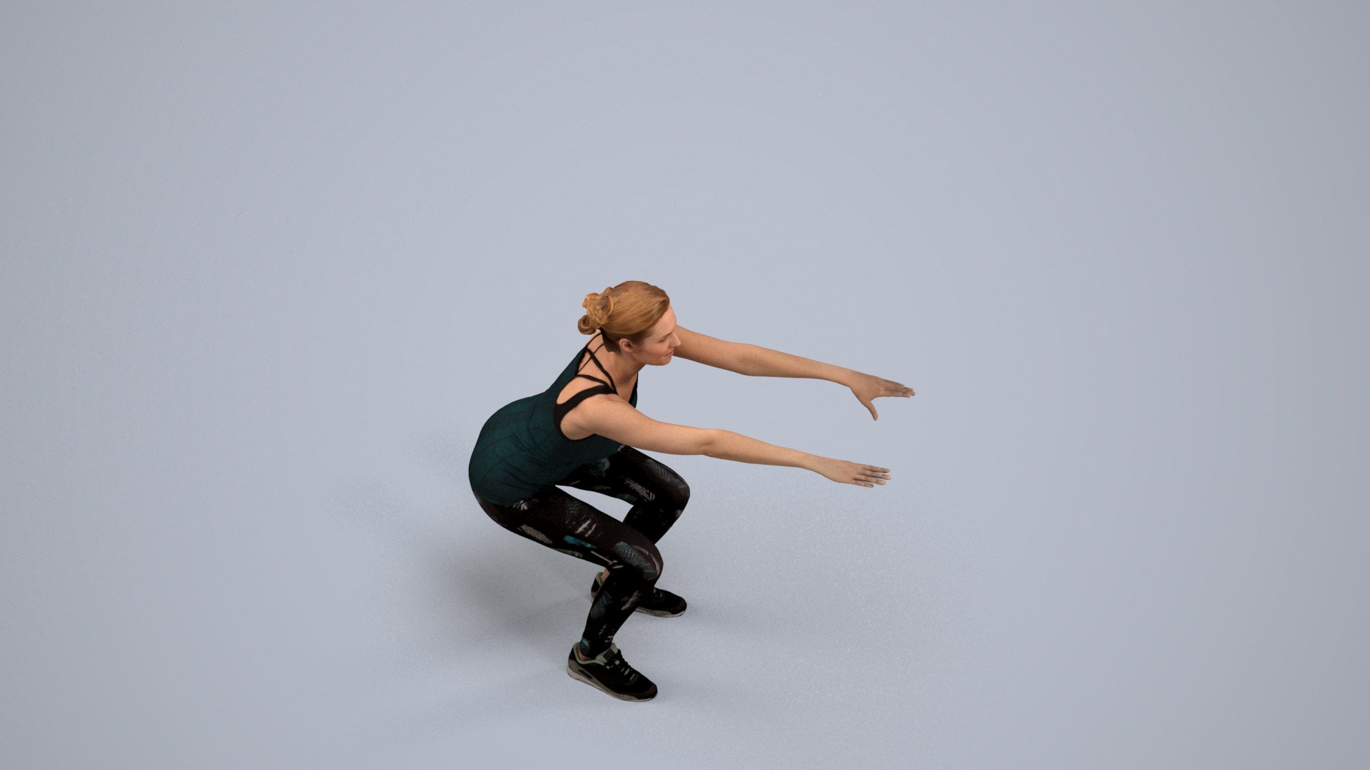 3D human model woman sport, photogrammetry scanned person for archviz, back view render