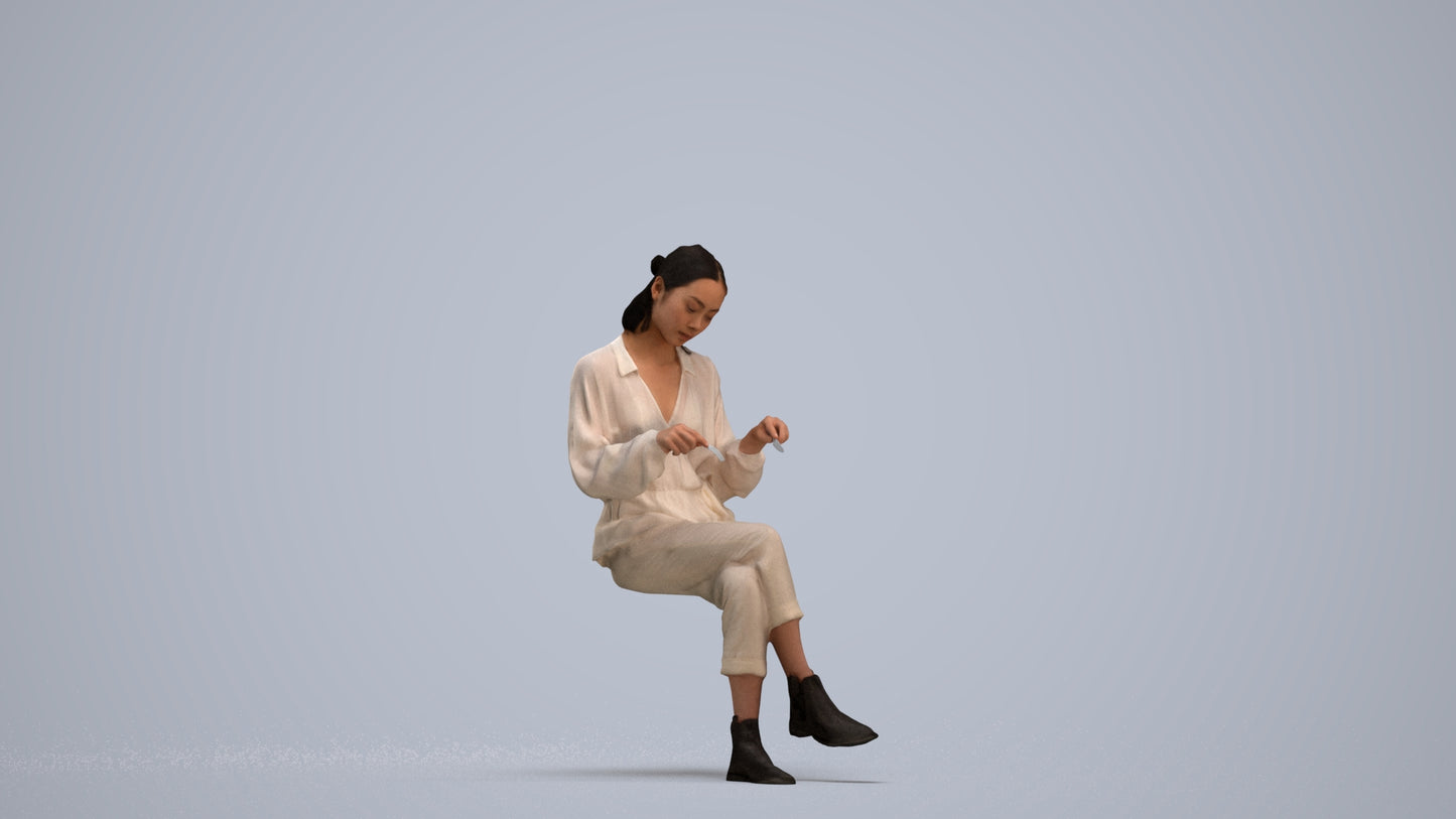 realistic 3D woman casual sitting, scanned archviz people for Blender and 3ds Max, standing pose render