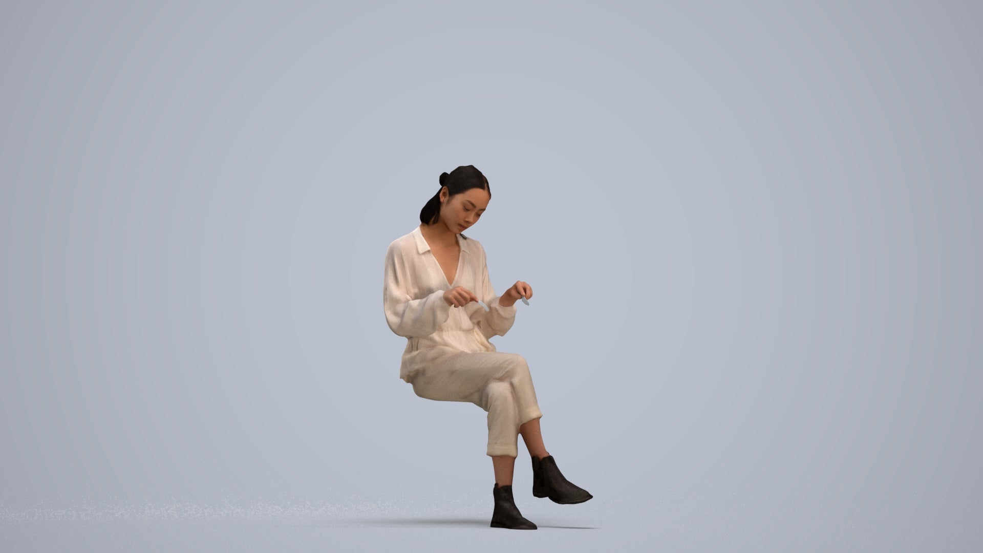 realistic 3D woman casual sitting, scanned archviz people for Blender and 3ds Max, standing pose render