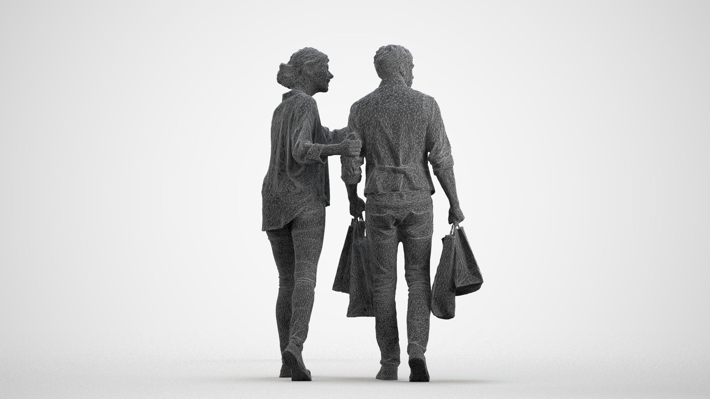 3D human model woman casual shopping, photogrammetry scanned person for archviz, wireframe front view
