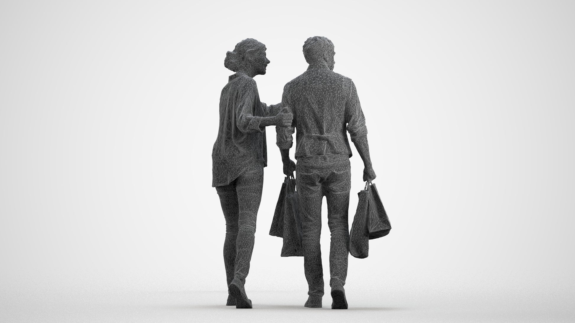 3D human model woman casual shopping, photogrammetry scanned person for archviz, wireframe front view