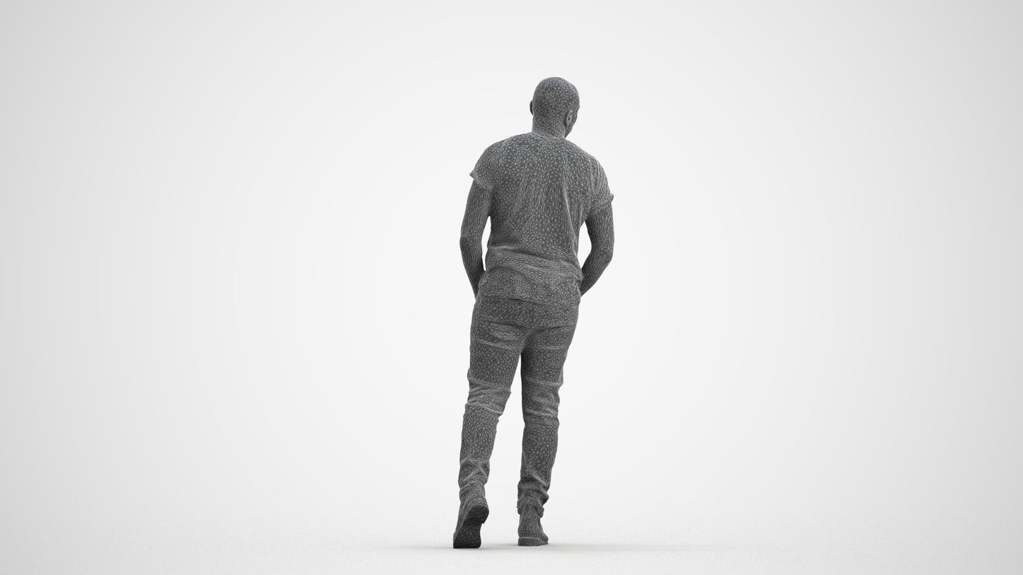 3D scanned man walking casual, photorealistic archviz people for Enscape and SketchUp, wireframe front view