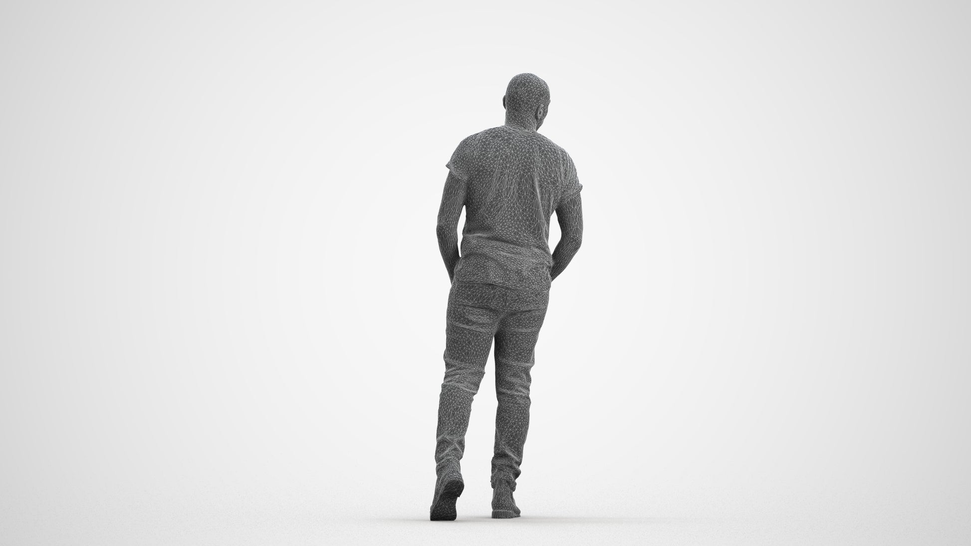 3D scanned man walking casual, photorealistic archviz people for Enscape and SketchUp, wireframe front view