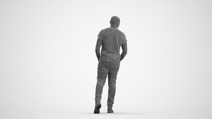 3D scanned man walking casual, photorealistic archviz people for Enscape and SketchUp, wireframe front view