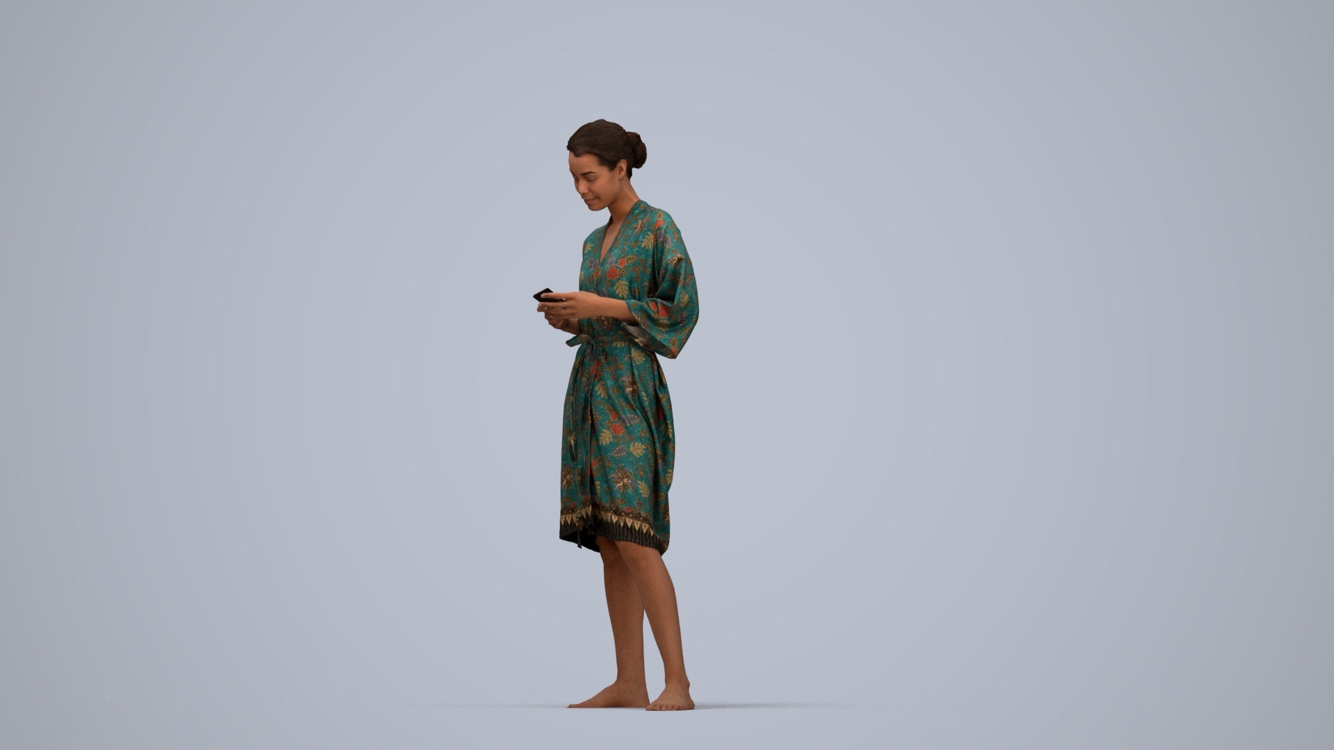 realistic 3D woman casual bathroom, scanned archviz people for Blender and 3ds Max, top-down view render