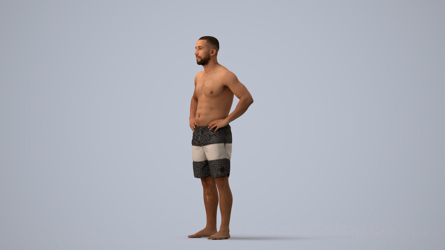 realistic 3D human man pool, archviz people FBX OBJ for Blender, three-quarter view render