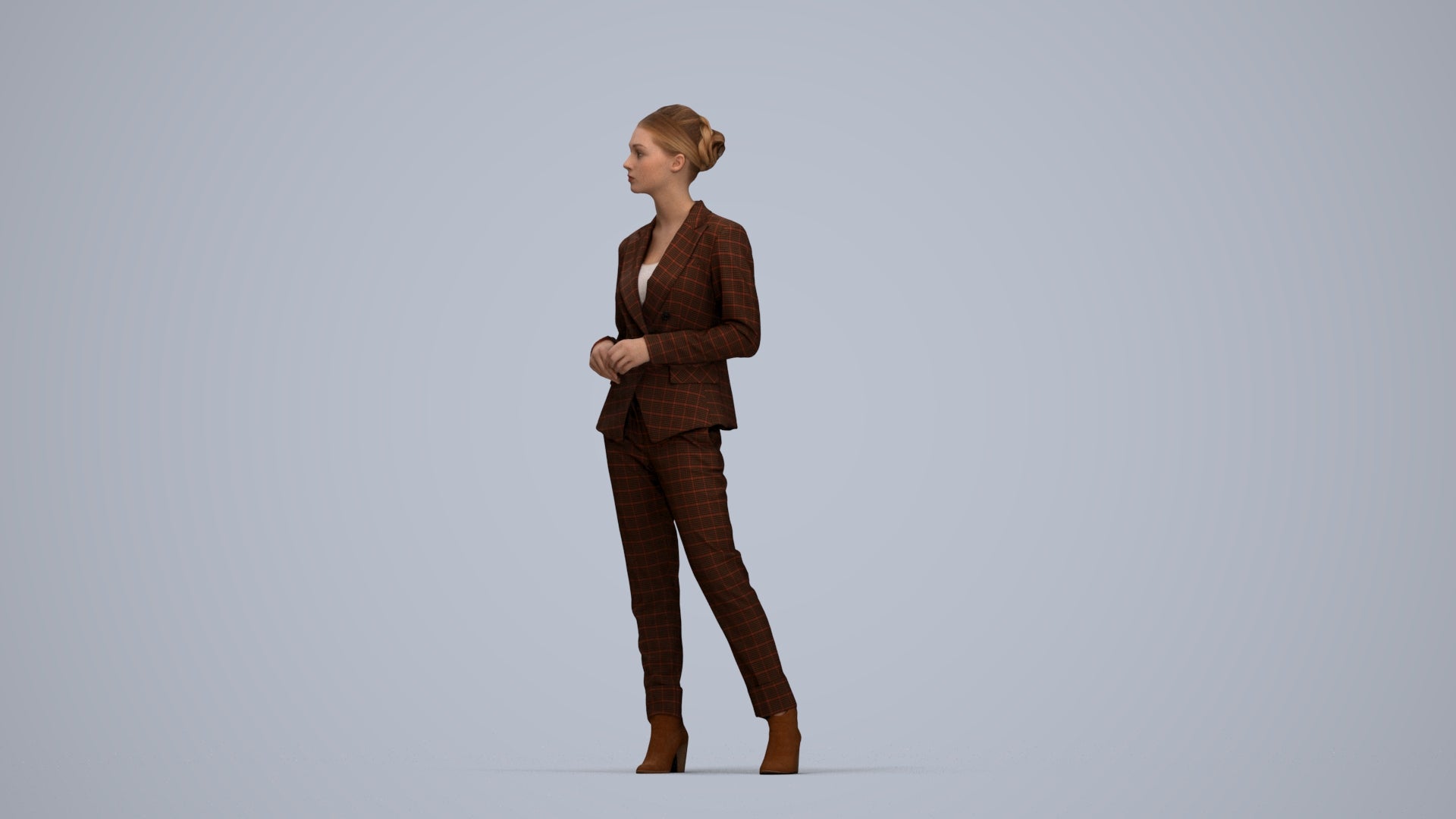 realistic 3D human woman business standing, archviz people FBX OBJ for Blender, top-down view render