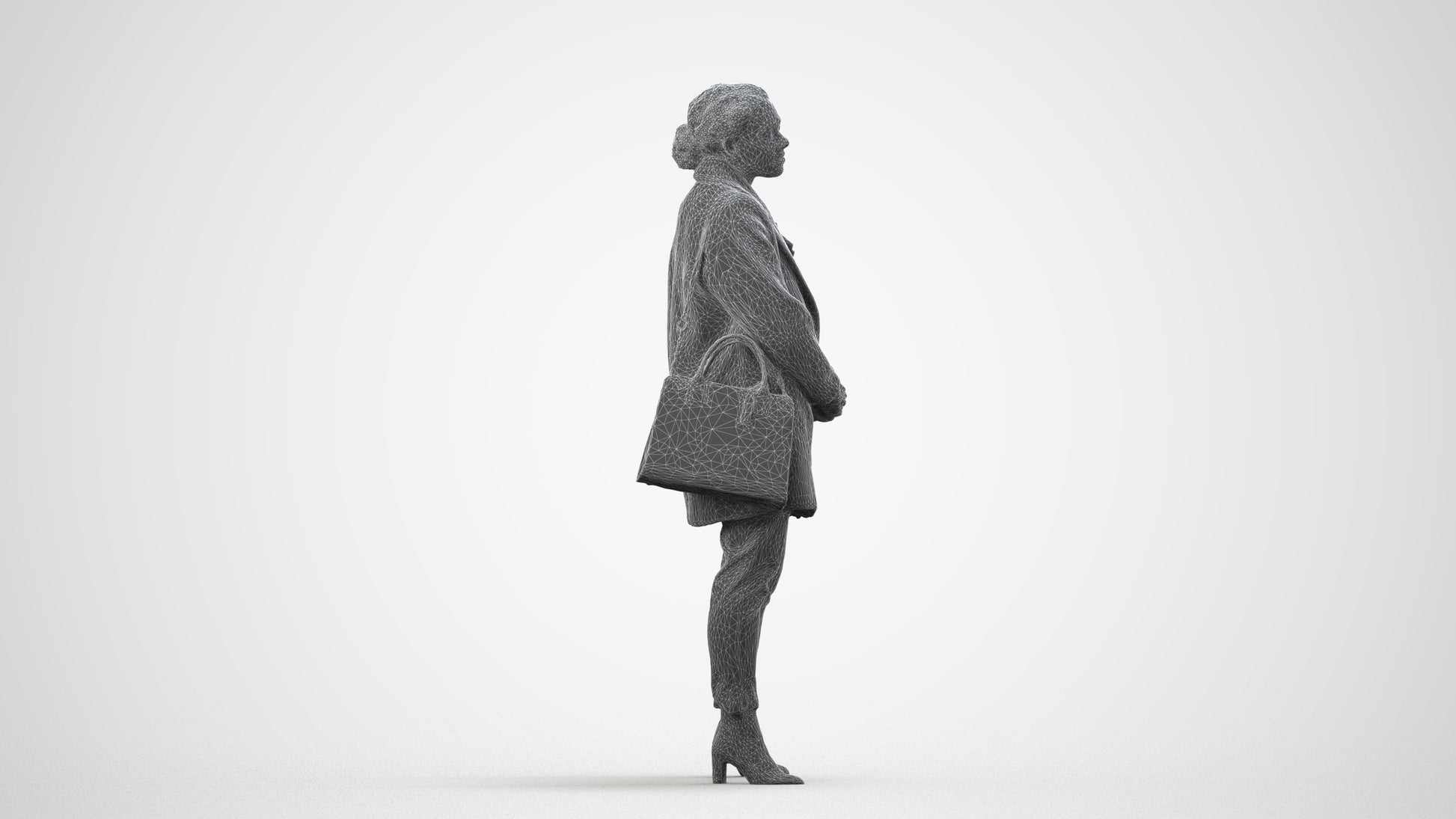 scanned 3D woman business standing, photogrammetry people for Enscape and V-Ray, wireframe side view
