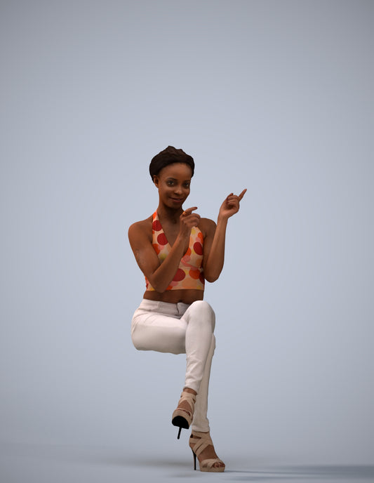 3D scanned woman sitting casual, photorealistic archviz people for Enscape and SketchUp