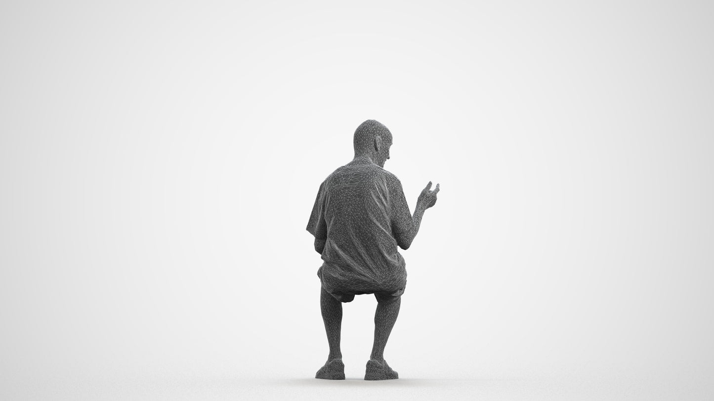 3D scanned senior man sitting casual, photorealistic archviz people for Enscape and SketchUp, wireframe front view
