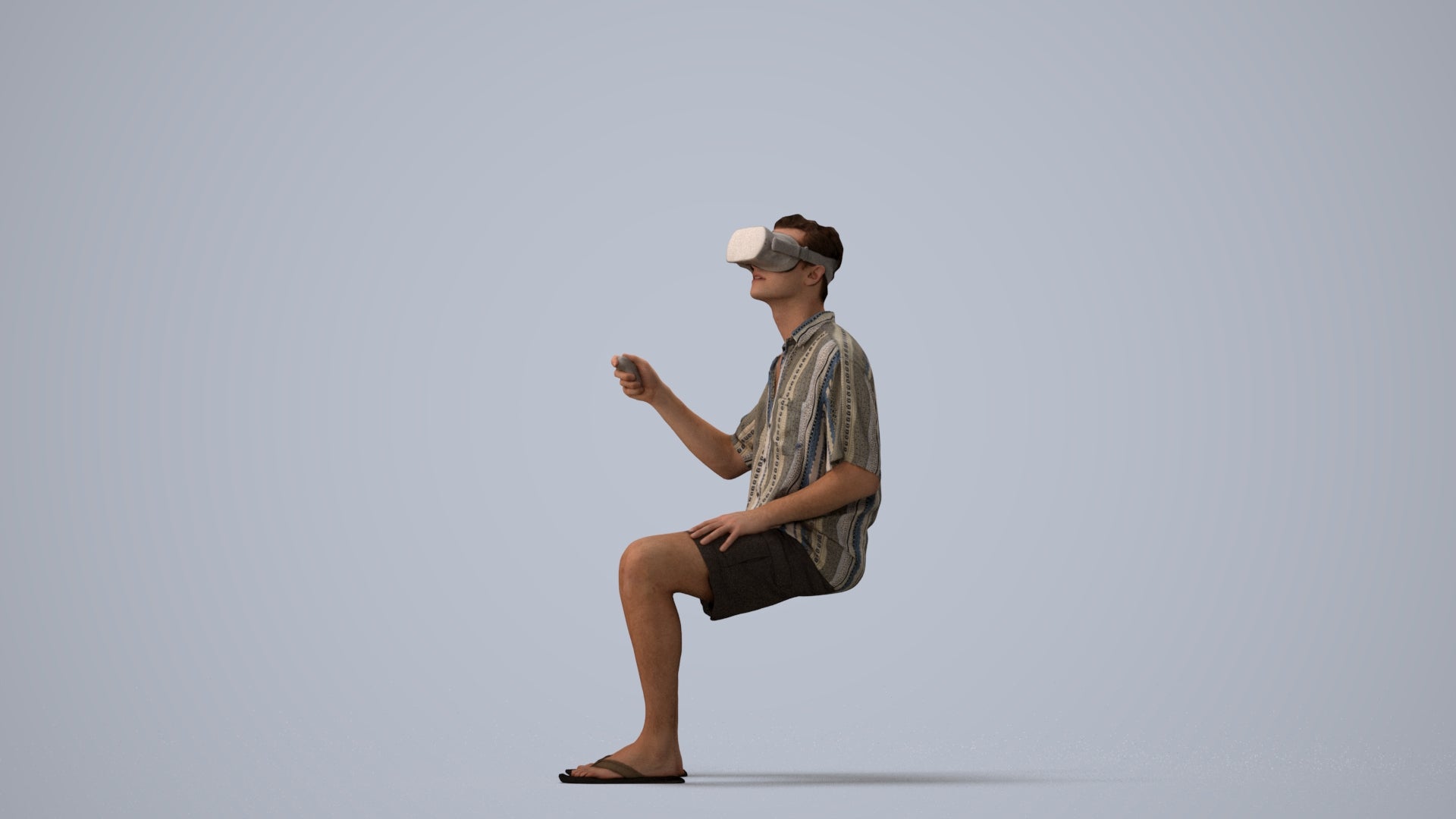 3D human model man casual sitting, photogrammetry scanned person for archviz, three-quarter view render