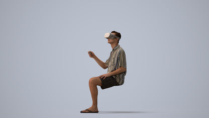 3D human model man casual sitting, photogrammetry scanned person for archviz, three-quarter view render