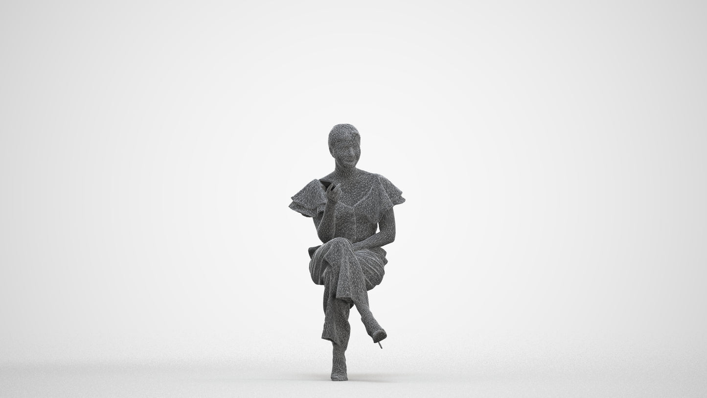 scanned 3D woman business sitting, photogrammetry people for Enscape and V-Ray, three-quarter front view render