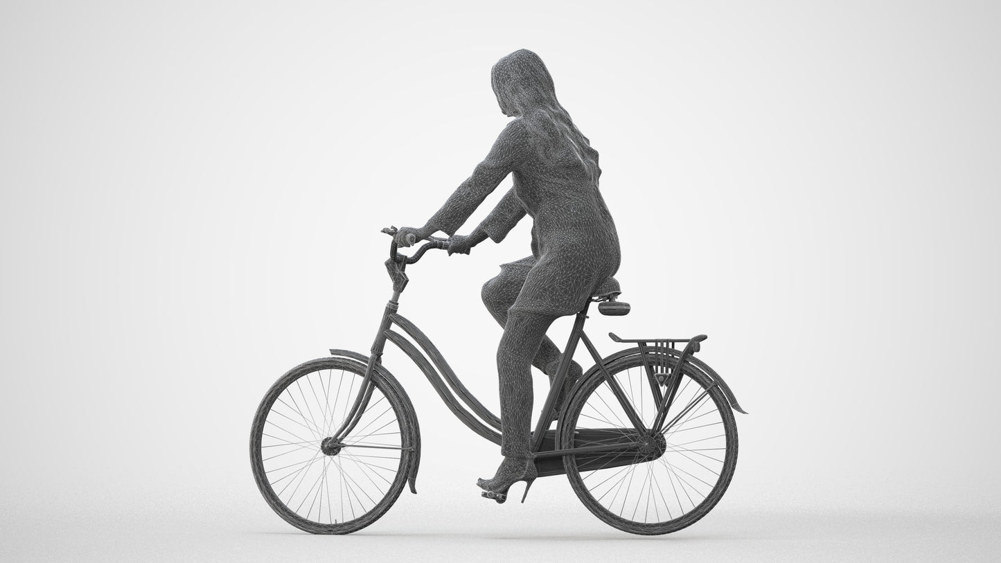 realistic 3D woman business cycling, scanned archviz people for Blender and 3ds Max, square thumbnail