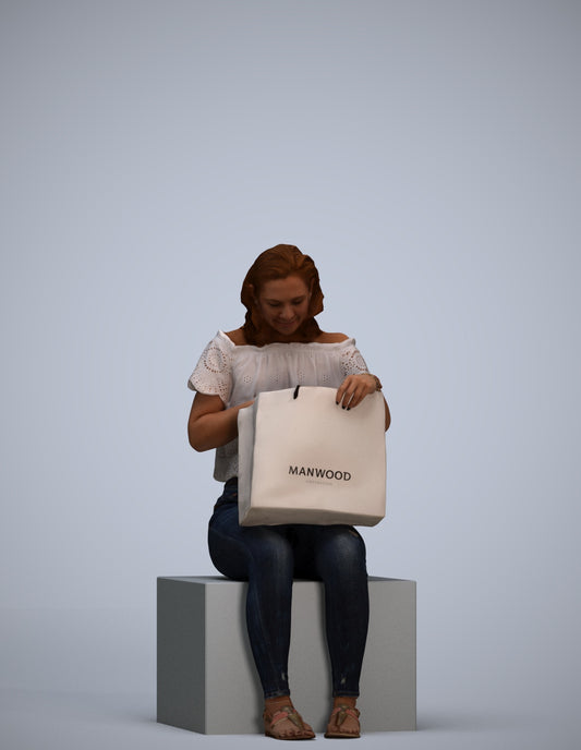 3D human model woman casual sitting, photogrammetry scanned person for archviz