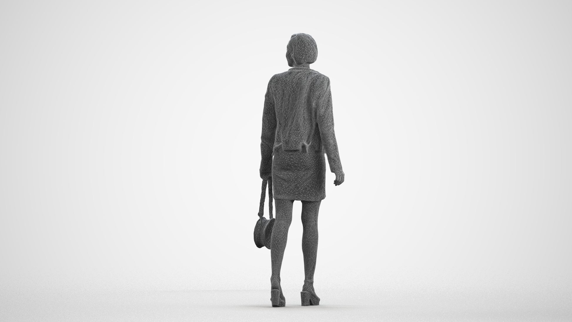 3D scanned woman walking casual, photorealistic archviz people for Enscape and SketchUp, wireframe front view