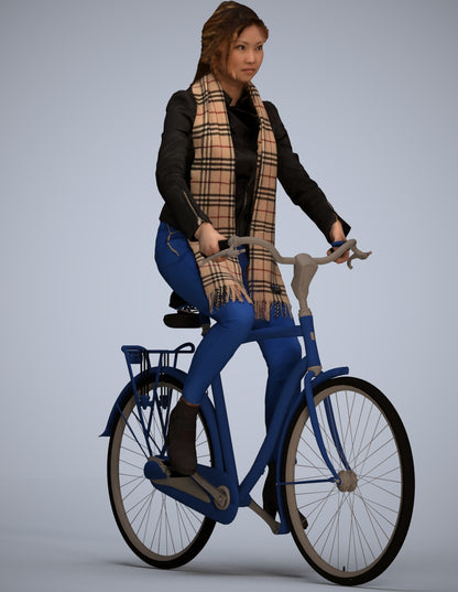 realistic 3D woman casual cycling, scanned archviz people for Blender and 3ds Max