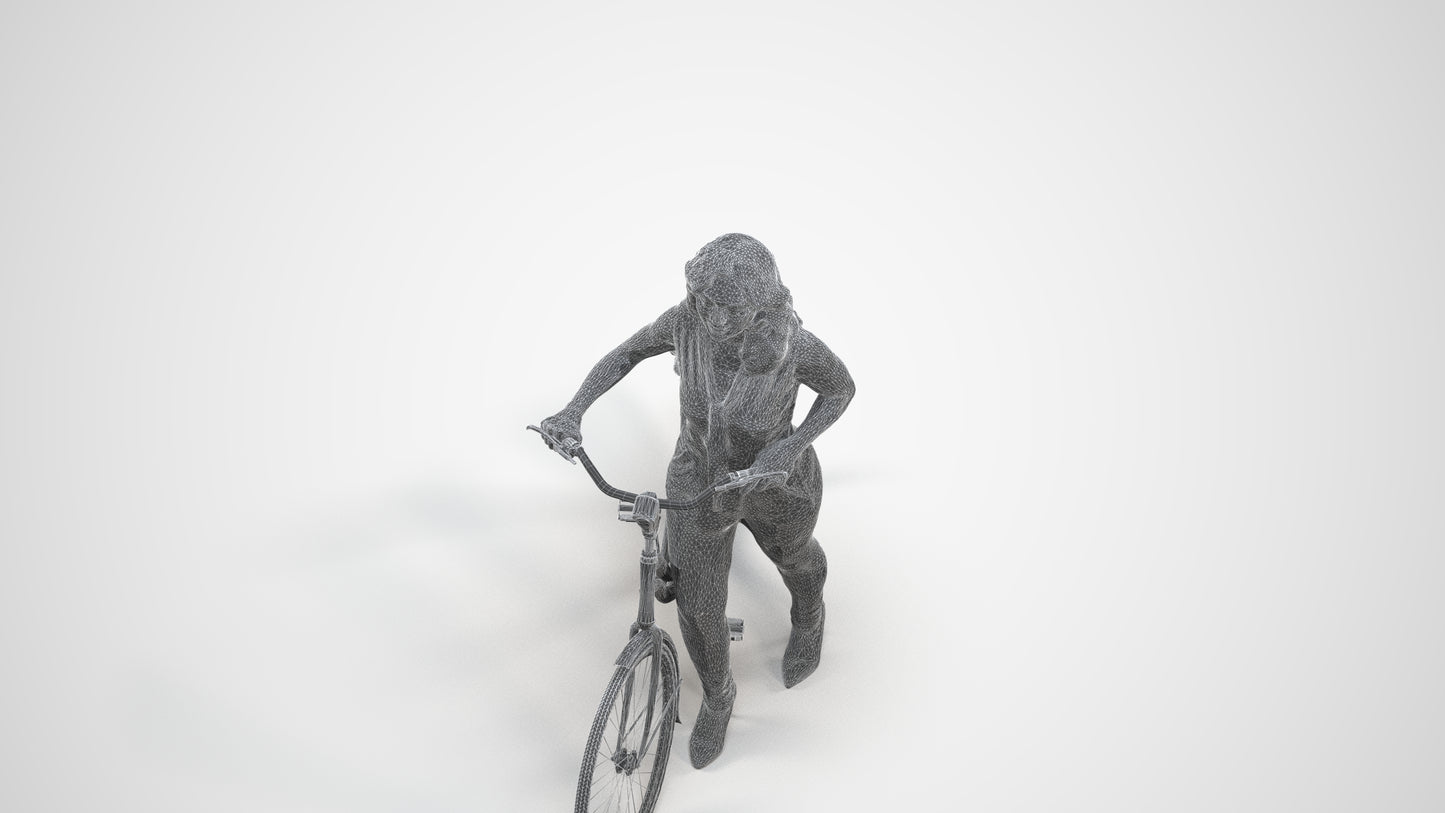 realistic 3D human woman casual cycling, archviz people FBX OBJ for Blender, wireframe three-quarter view