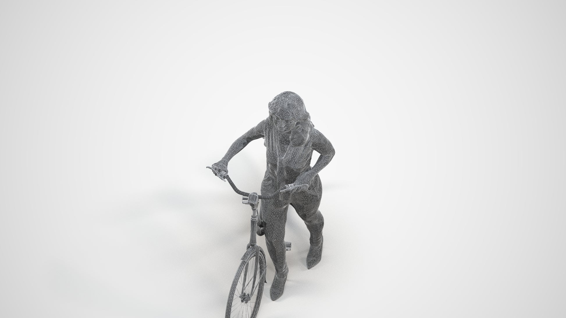 realistic 3D human woman casual cycling, archviz people FBX OBJ for Blender, wireframe three-quarter view