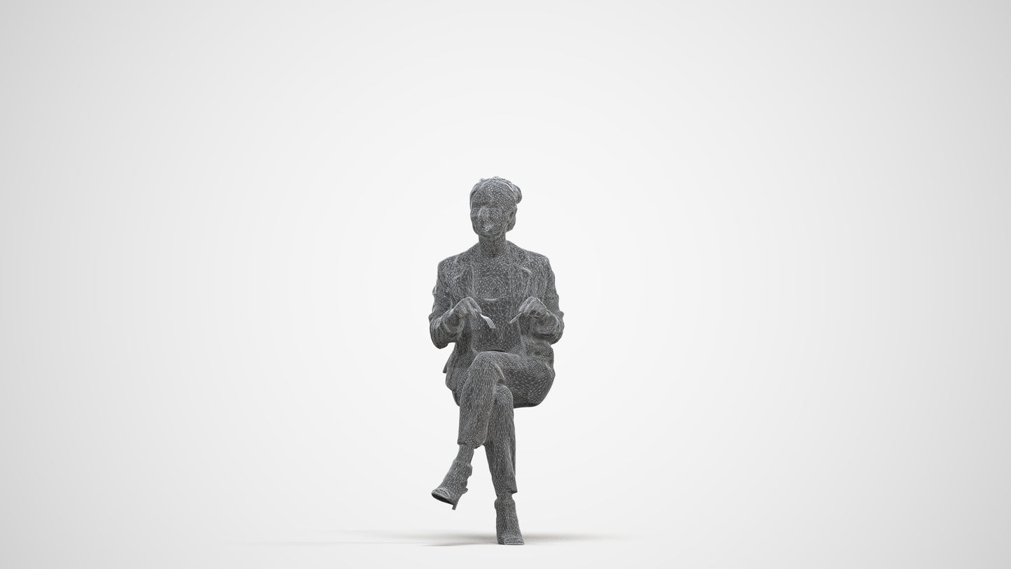 scanned 3D woman business sitting, photogrammetry people for Enscape and V-Ray, three-quarter front view render